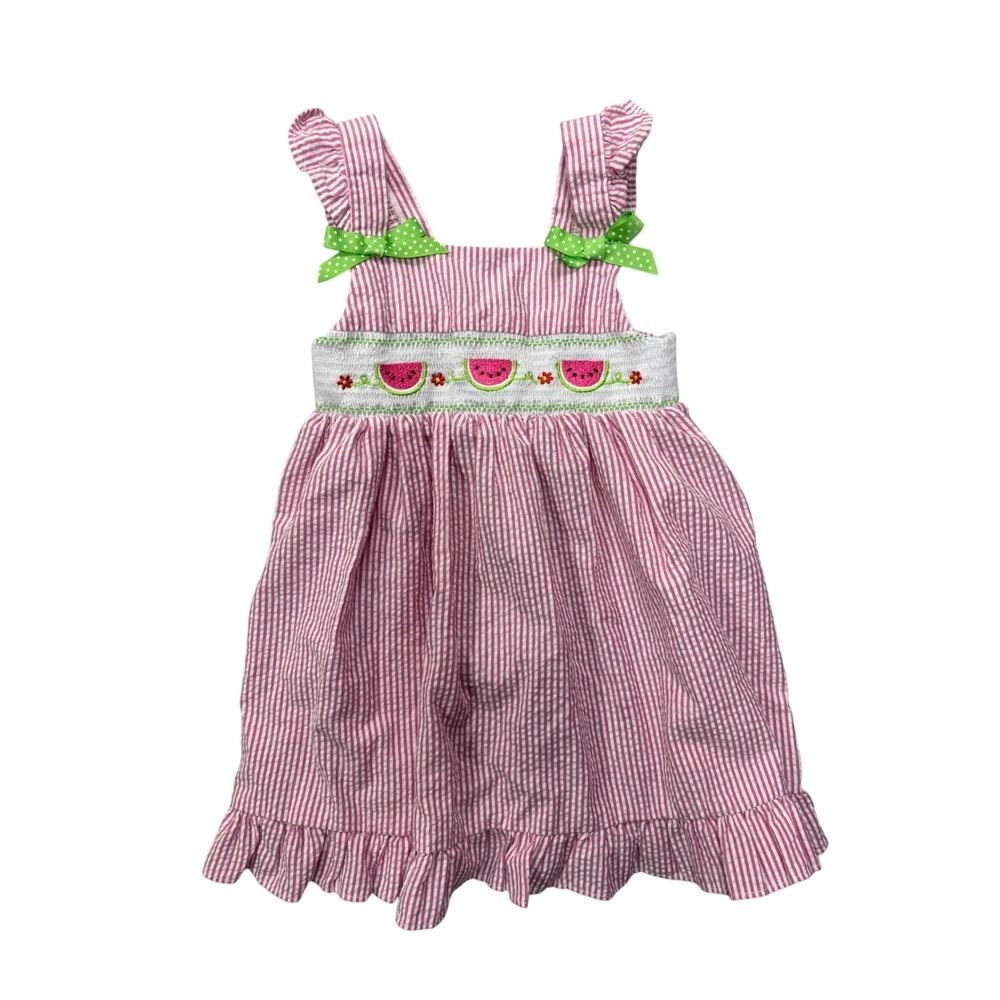 Good Lad Seersucker Dress Girls 5Y Pink White Striped Watermelon Smocked Bows